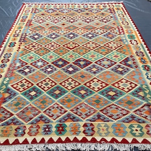 7x10 ft Afghan Kilim Rug, Handmade Wool Flatweave, Natural Vegetable dyes Turkmen Oriental Rug, Turquoise Red Orange Kilim, Living room Rug