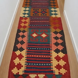 9-stopowy, bardzo długi, wąski kilim afgański, tkany ręcznie płasko