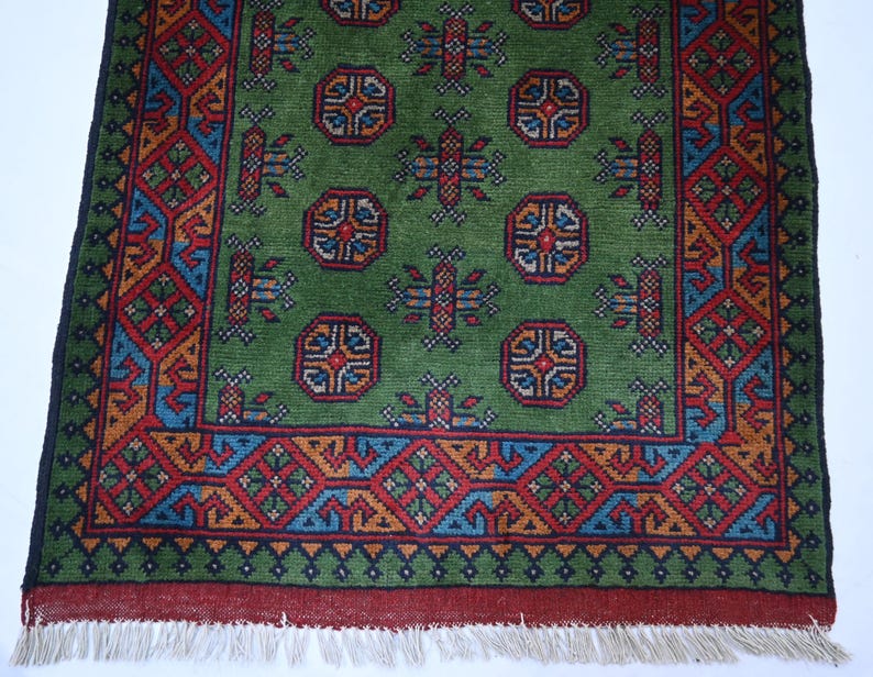 Handwoven Afghan Wool Runner Rug, Green Turkmen Tribal Pattern (16x3 Ft ...