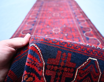 Hand-Knotted Wool Runner Rug: Tribal Afghan Bukhara Hallway Rug