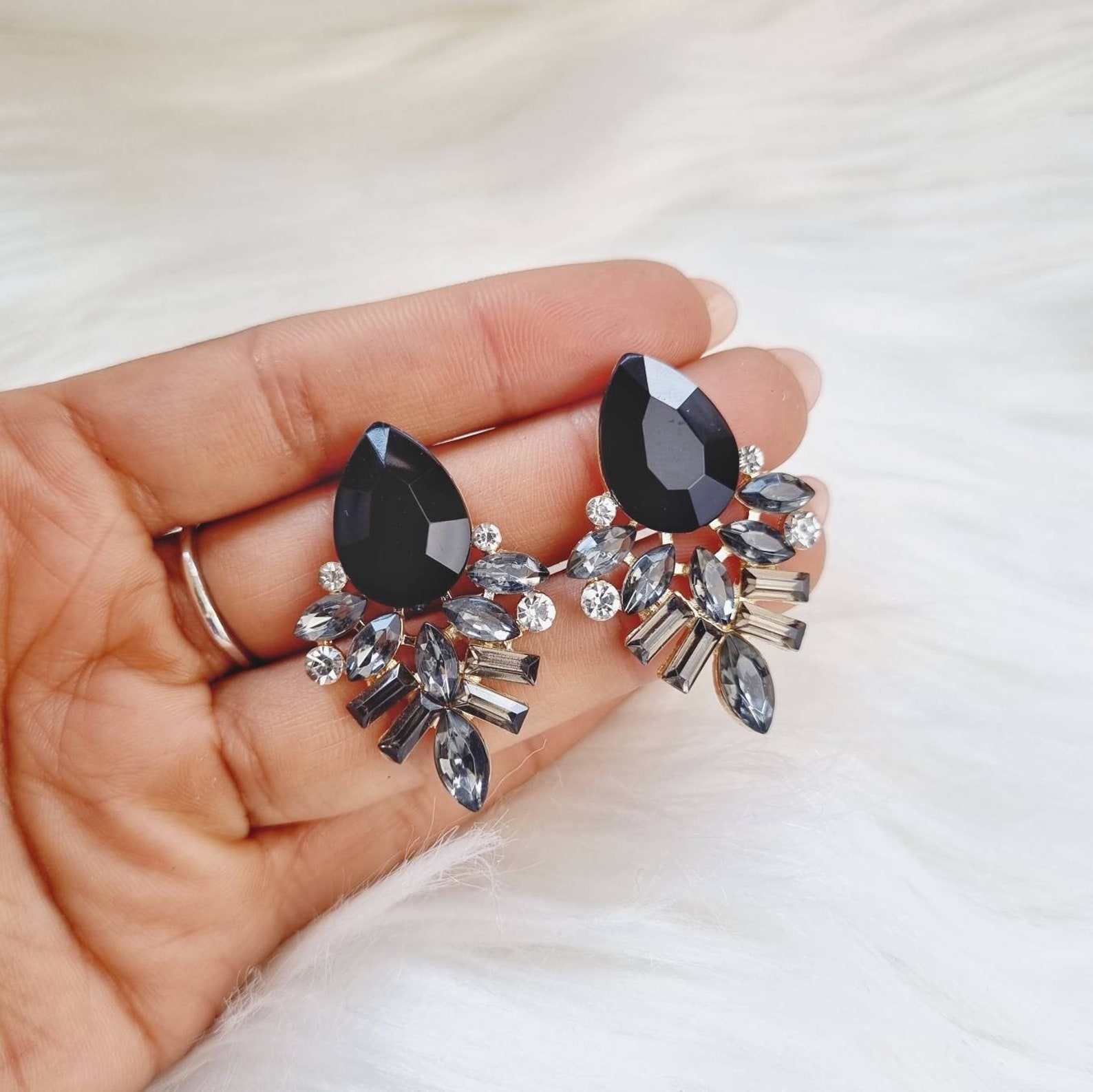 Black Statement Diamond Earrings Big Black Earrings Womens Etsy