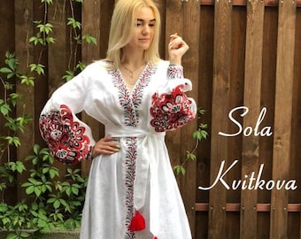 Elegant white dress boho Floral maxi dress, White kaftan dress Vyshyvanka Linen caftan, Embroidered long white dress Folk dress from Ukraine