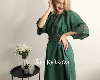 Summer linen dress Hand Embroidered dress Ukrainian clothing Long green dress embroidered vyshyvanka Linen sundress Ukraine Embroidery Women