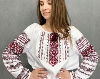 White embroidered shirt Ukrainian HANDMADE EMBROIDERY Blouse "Kozachka", Long sleeve shirt traditional, Embroidered ornament, Gift for mom!