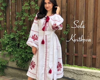Women's white midi dress Embroidered clothes linen, Prom dress long Traditional dress, Romantic white dress floral Folklore ornament Ukraine