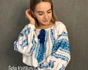 Traditional Ukrainian embroidered shirt "Tamara" HAND EMBROIDERY blouse Folk clothes Vyshivanka for Women, White cotton blouse peasant blue