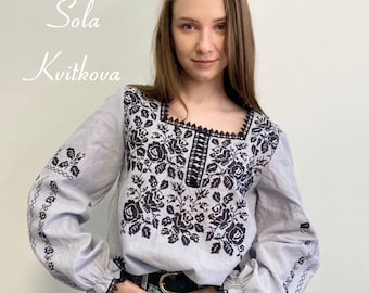 Gray Vintage blouse with roses embroidery "Asiya", Bohemian shirt Elegant blouse linen vyshyvanka, Grey blouse woman embroidered in Ukraine
