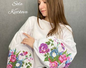 White embroidered floral blouse, Ukrainian traditional shirt "Tulips" casual office bohemian blouse, Vintage ethnic vyshyvanka slavic blouse