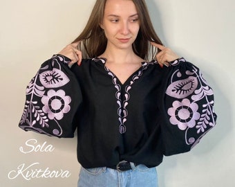 Loose black blouse with lilac flowers ornament, Ukrainian blouse paired tunic floral vyshyvanka blouse puff sleeve, Peasant top gift for her