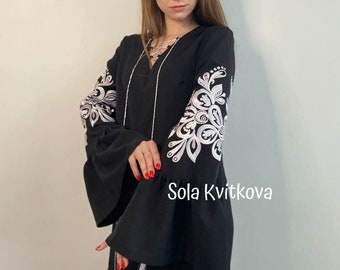 IN STOCK S Vyshyvanka Classic black Dress "Butterfly" Ukrainian Embroidered Midi Dress Ethnic style Chic ethnic Boho dress for Women