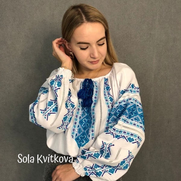 Traditional Ukrainian embroidered shirt "Tamara" HAND EMBROIDERY blouse Folk clothes Vyshivanka for Women, White cotton blouse peasant blue