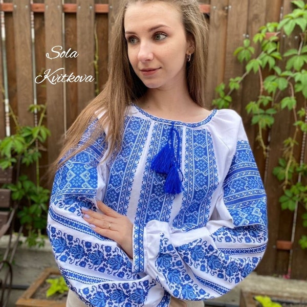 Trendy shirt white & blue embroidery "Varvara", Elegant women blouse casual clothes flowers pattern, Caftan blouse slavic shirt Ukraine
