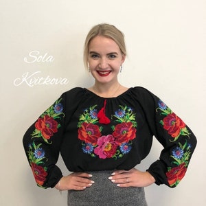 Black elegant Vyshyvanka for Women cross stitch Embroidery, Ukrainian outfit Gift, Embroidered flowers blouse ethnic style chiffon blouse