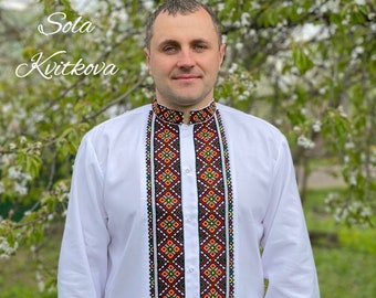 Chemise brodée slave ukrainienne vyshyvanka pour homme "Hutsul", chemise blanche ethnique, chemise de broderie colorée traditionnelle d'Ukraine