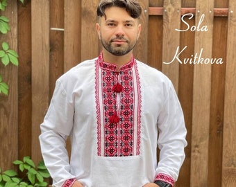 Chemise faite à la main White vyshyvanka men, Chemise ethnique Chemise brodée pour homme, Chemise traditionnelle, Broderie ukrainienne ornement noir et rouge