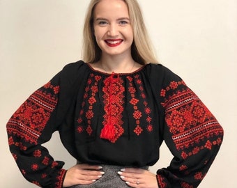 Ukrainian embroidered black blouse, Victorian shirt geometric pattern, Tribal top women vyshyvanka, Pretty puff sleeve shirt gift for her
