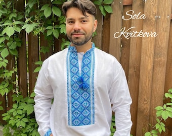 Ukrainian shirt blue slavic embroidery handmade shirt vyshyvanka men, Ukraine style mens embroidered shirt, Organic ethnic shirt folk shirt