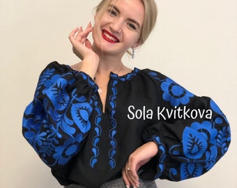 Women's embroidered blouse Black Vyshyvanka Ukrainian embroidery "Blue berry", Women shirt Floral embroidery, Plus size blouse IN STOCK S