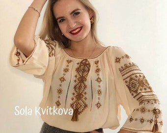 Summer Vyshyvanka "Aglaya" for women, Milk Vyshyvanka Ukrainian style, Geometric Нand embroidery cross-stitch Blouse chiffon