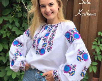 Embroidered Boho shirt flowers blouse white cotton, Sheer Ethnic tunic Ukrainian Vyshyvanka blue purple embroidery top, Floral shirt peasant