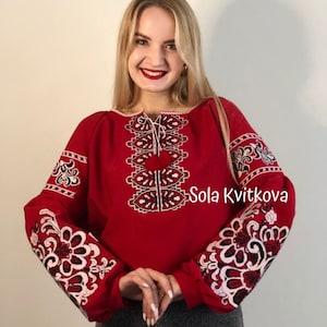 Unique clothing Embroidered red shirt Vyshyvanka &quot;Karmen&quot;, Ukrainian gift Women&#39;s blouse Vyshyvanka Boho, Balloon sleeves, Ethnic shirt