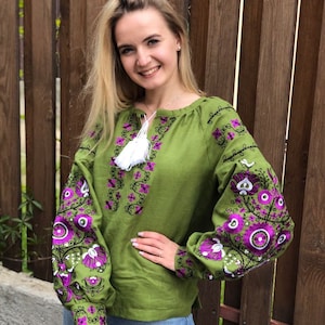 Linen Green blouse vintage &quot;Barbie&quot; Long sleeve shirt Boho Embroidered caftan, Peasant shirt Floral kaftan Ukrainian Purple embroidery
