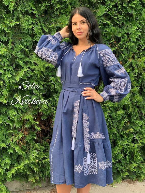 navy blue dress with white embroidery Navy & White Eyelet Midi Dress  Belted Embroidered Dress