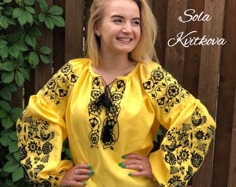 Yellow mexican blouse black embroidery floral ornament, Vyshyvanka blouse from Ukraine, Botanical Embroidered tunic long sleeve Top for her