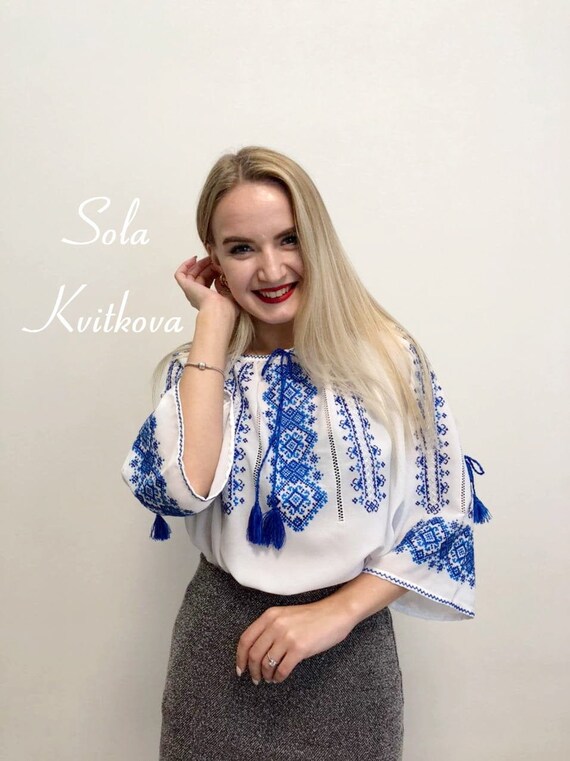 White paisley blouse Unique HANDMADE blouse, Vintage clothing Ukrainian Tribal top Women, Embroidered ladies blouse chiffon blue embroidery!