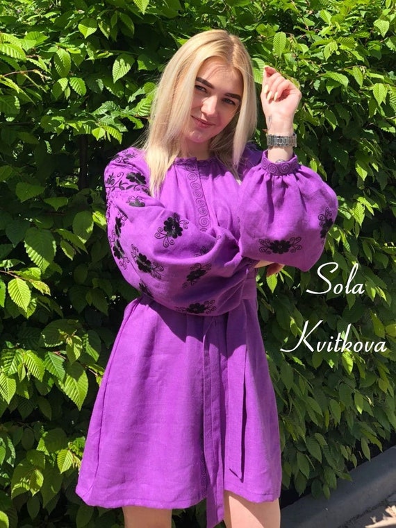 Vintage Linen Tunic Dress Mini Violet, Purple Embroidered Dress Short Kaftan Boho, Moroccan Kaftan Embroidered Tunic Kaftans for Women