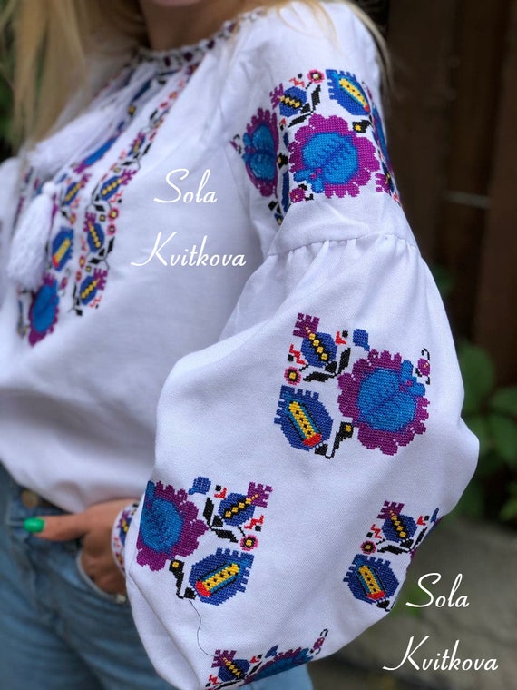 Embroidered Boho Shirt Flowers Blouse White Cotton, Sheer Ethnic