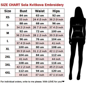May include: Size chart for Sola Kvitkova Embroidery showing bust, waist, and hip measurements in inches and centimeters for sizes XS to 4XL.