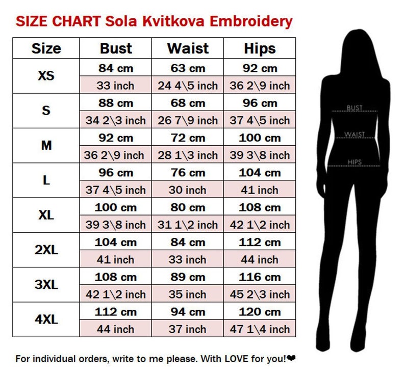May include: Size chart for Sola Kvitkova Embroidery showing bust, waist, and hip measurements in inches and centimeters for sizes XS to 4XL.