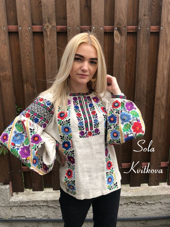 Natural linen blouse Flowers Embroidered clothes romantic shirt, Floral embroidery Borshchiv sorochka, Etno style Ukrainian Gift for Wife