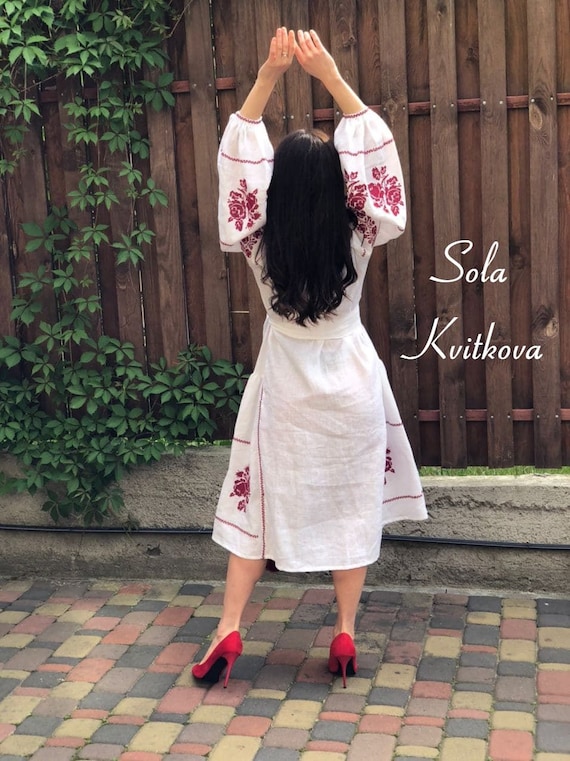 Buy Women's White Midi Dress Embroidered Clothes Linen, Prom Dress Long  Traditional Dress, Romantic White Dress Floral Folklore Ornament Ukraine  Online in India - Etsy