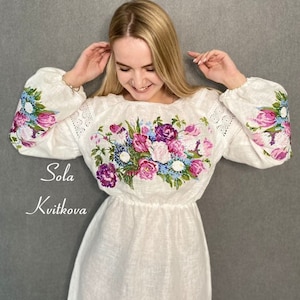 Embroidered white dress &quot;Tulips&quot; Vyshyvanka dress with cotton lace, Floral embroidered dress, White linen dress, Modest Dress Boho Ukrainain