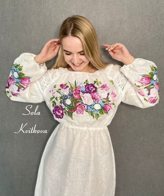 Embroidered White Dress tulips Vyshyvanka Dress With Cotton Lace Floral Embroidered Dress White Linen Dress Modest Dress Boho Ukrainain Etsy Canada