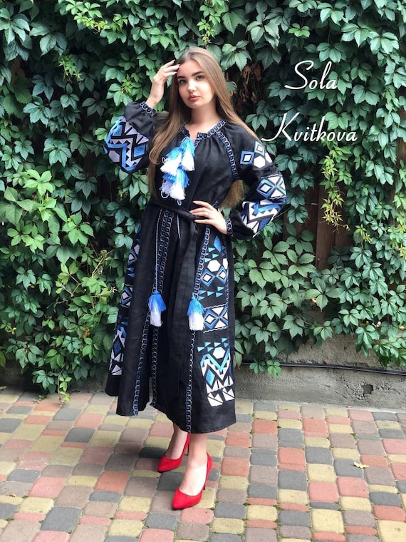 black boho prom dress Linen Caftan Oversized Dress, Block Print Dress, Kaftan Maxi Dress Boho, Graduation Dress Balloon Sleeve Dress Embroidered Wedding dress's