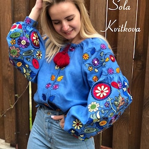 Mexican embroidered blouse, Blue button blouse Linen top, Floral button down shirt Rockabilly blouse, Bright Blue bohemian blouses for Women