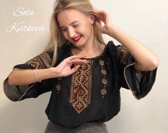 Black victorian blouse hand embroidered office shirt women, Trendy floral vyshyvanka with gold embroidery, Folk chiffon tunic gift for her