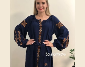 Trendy Linen Boho dress "Kasandra" Embroidery Women dress Vyshyvanka, Embroidered from Ukraine, Boho Chic Midi dress IN STOCK L-XL