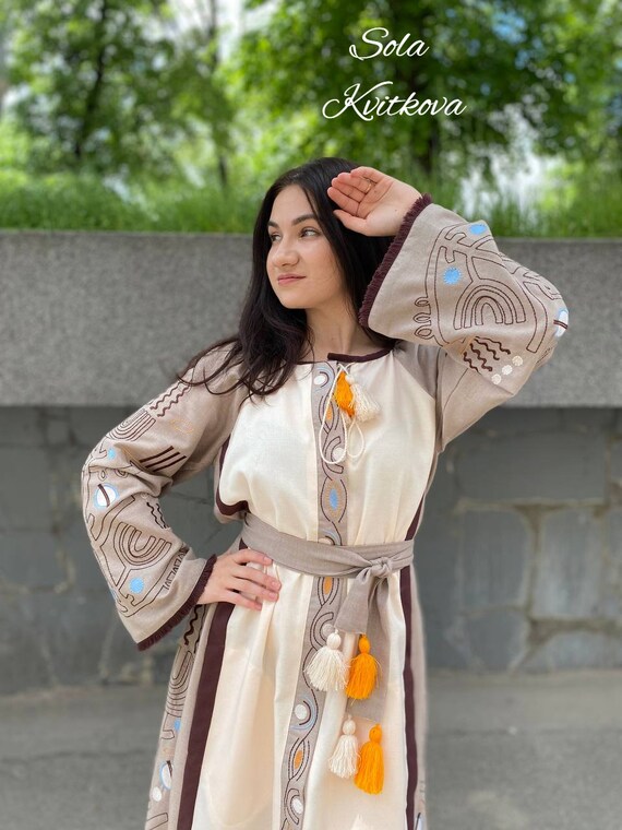 Beige bohemian maxi dress, Embroidered clothes folk prom dress long slavic caftan, Victorian ukrainian women cappuccino dress gift for her Beige bohemian maxi dress, Embroidered clothes folk prom dress long slavic caftan, Victorian ukrainian women cappuccino dress gift for her