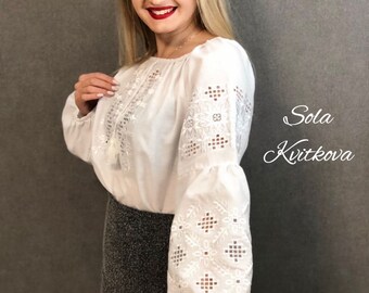 Elegant white blouse Cotton cottagecore blouse embroidered cutwork summer  shirt wide sleeves blouse see through square ornament bohemian