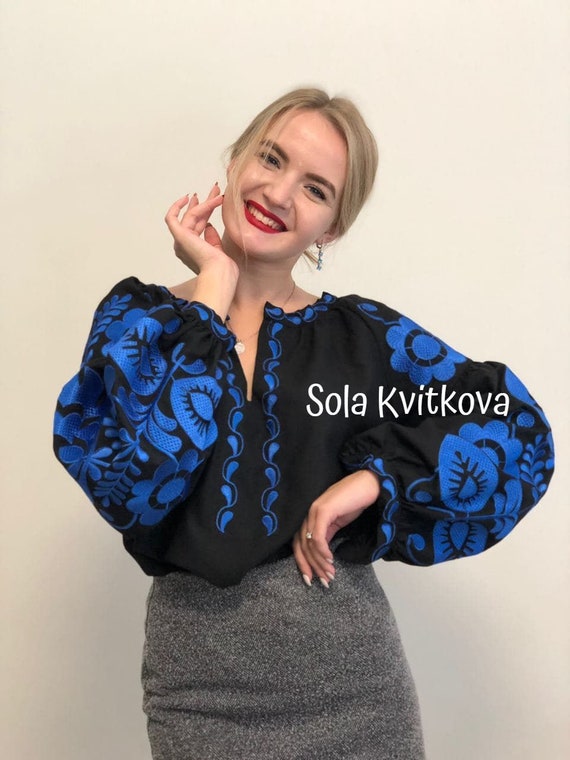 Women's embroidered blouse Black Vyshyvanka Ukrainian embroidery "Blue berry", Women shirt Floral embroidery, Plus size blouse IN STOCK S