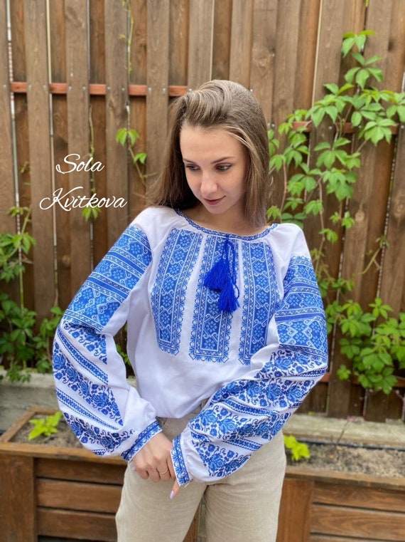 Trendy Shirt White Blue Embroidery varvara Elegant Women Blouse Casual Clothes Flowers Pattern Caftan Blouse Slavic Shirt Ukraine Etsy Australia