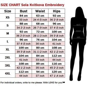 May include: Size chart for Sola Kvitkova Embroidery showing bust, waist, and hip measurements in inches and centimetres for sizes XS to 4XL.