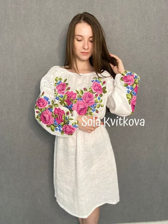 White Linen Peasant Dress Embroidered Dress With Belt "rozett" Ukrainian  Clothes Women Boho Style Vyshyvanka Dress Floral IN STOCK M-L - Etsy