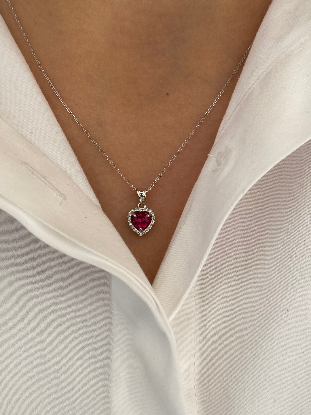 14K Solid Gold Ruby Necklace Heart Cut Ruby Natural Diamond Etsy