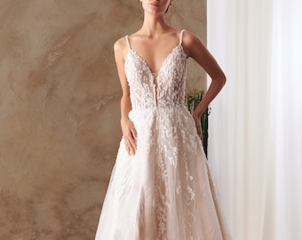Hochzeitskleid, maßgeschneidertes Hochzeitskleid, Brautkleid Boho-Brautkleid, Tüll-Hochzeitskleid, Spitzen-Brautkleid, Elfenbein-Brautkleid, hellenistisch