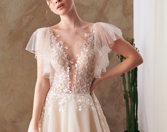 Brautkleid,Boho Brautkleid,Tüll Brautkleid,Spitze Brautkleid,Ivory Brautkleid,Hellenistisches Brautkleid
